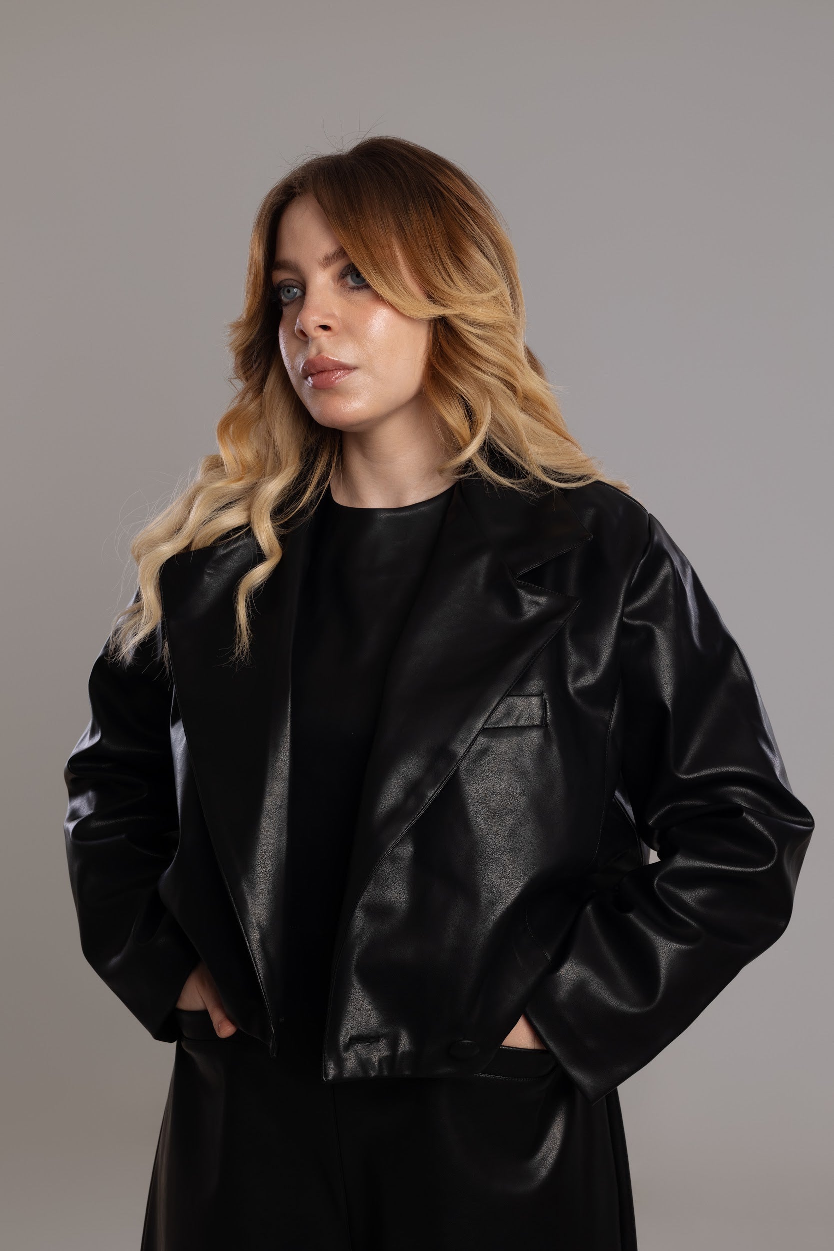 Nyllya Onyx Cropped Vegan Leather Blazer