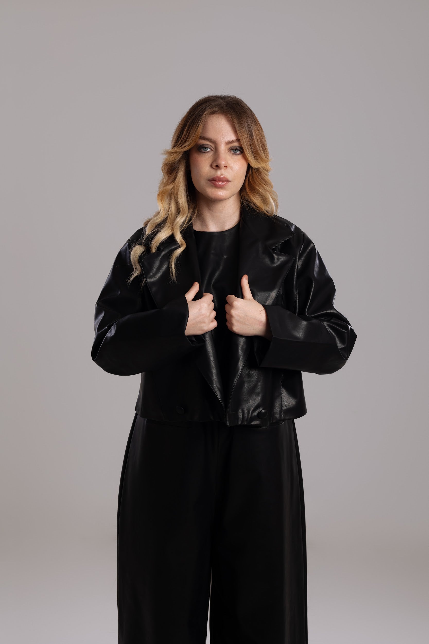 Nyllya Onyx Cropped Vegan Leather Blazer